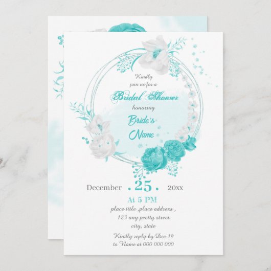 Invitation douche nuptiale à fleurs turquoise (Devant / Derrière)
