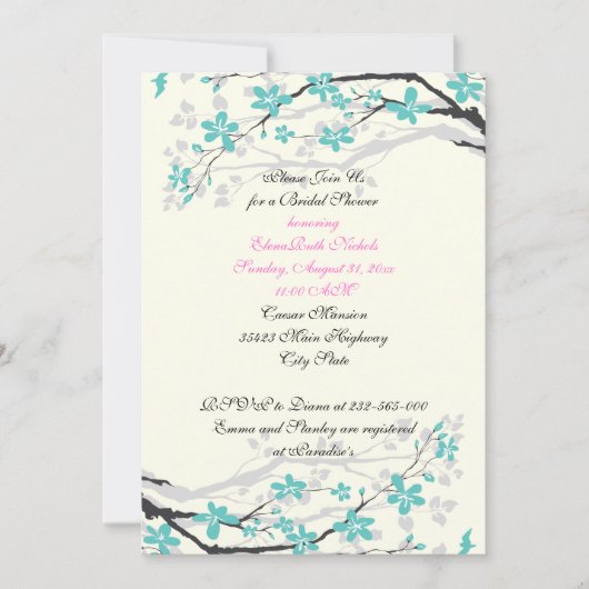 Invitation Douche nuptiale à fleurs turquoise, rose mariage c (Devant)