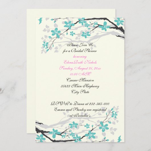 Invitation Douche nuptiale à fleurs turquoise, rose mariage c (Devant / Derrière)