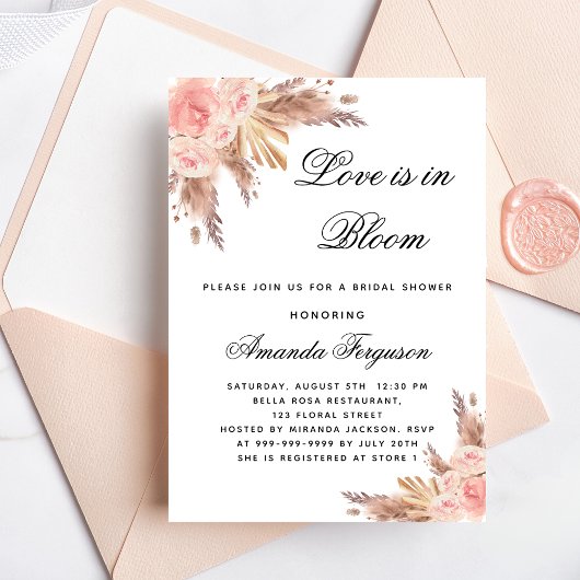 Invitation Douche nuptiale amour fleurs fleurs pampas herbe b