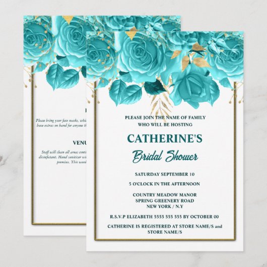 Invitation Douche nuptiale Aqua or blanc rose (Devant / Derrière)