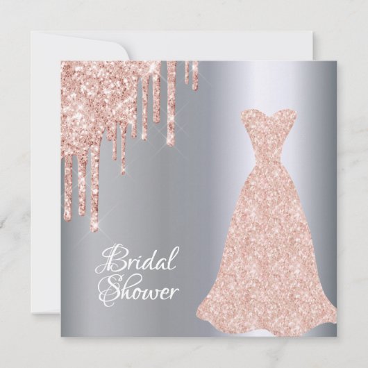 Invitation Douche nuptiale argent rose robe or parties scinti (Devant)