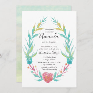Invitation Douche nuptiale au coeur aquarelle et cadre fleuri