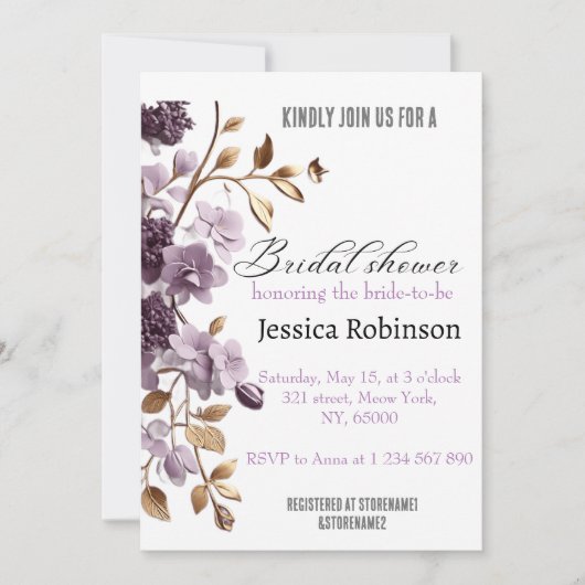 Invitation "douche nuptiale aux fleurs violettes et aux feuil (Devant)