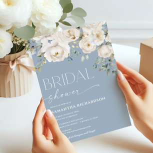 Invitation Douche nuptiale blanche florale bleu poussiéreux
