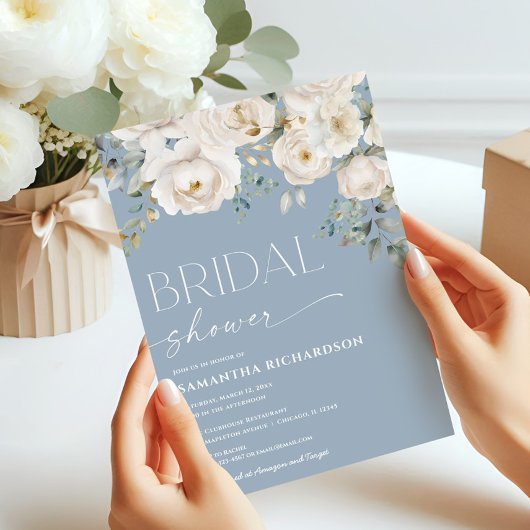 Invitation Douche nuptiale blanche florale bleu poussiéreux