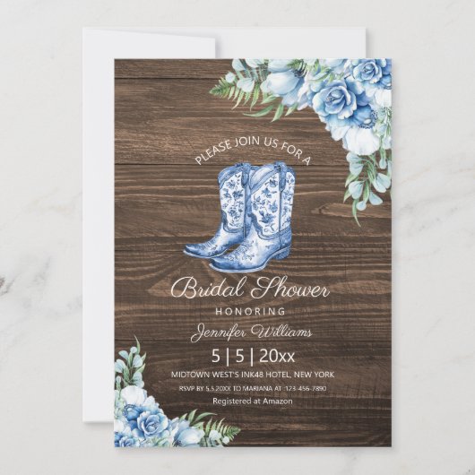 Invitation douche nuptiale bleu cowgirl bottes floral rustiqu (Devant)