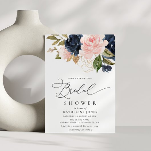 Invitation douche nuptiale bleu marine et florale