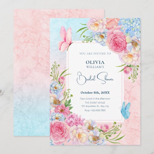 Invitation Douche nuptiale bleu rose (Devant / Derrière)