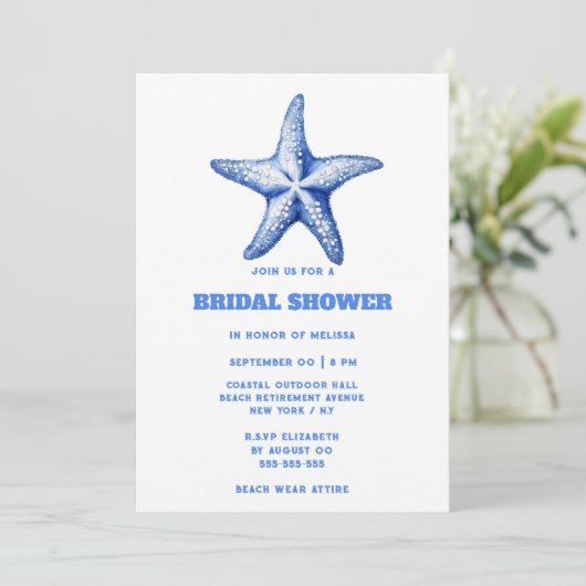 Invitation Douche nuptiale bleu Starfish (Debout devant)