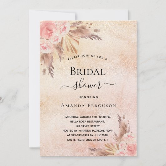 Invitation Douche nuptiale boho pampas herbe or rose luxe (Devant)