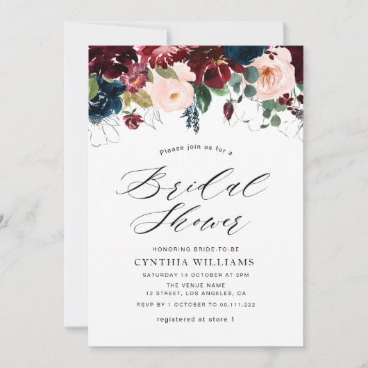 Invitation douche nuptiale bordeaux floral peint (Devant)