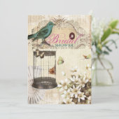 Invitation Douche nuptiale botanique florale vintage d'oiseau (Debout devant)