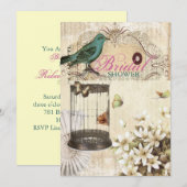 Invitation Douche nuptiale botanique florale vintage d'oiseau (Devant / Derrière)