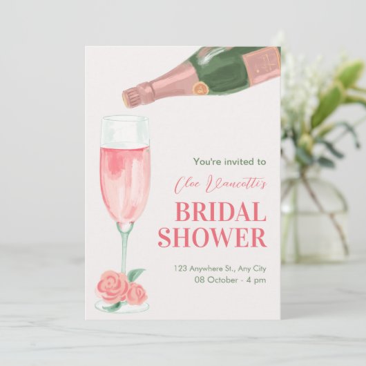 Invitation Douche nuptiale bouteille de champagne rose (Debout devant)