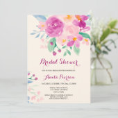 Invitation Douche nuptiale chic violet à aquarelle florale (Debout devant)