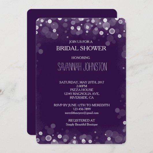 Invitation Douche nuptiale Confetti Bokeh violet et blanc (Devant / Derrière)