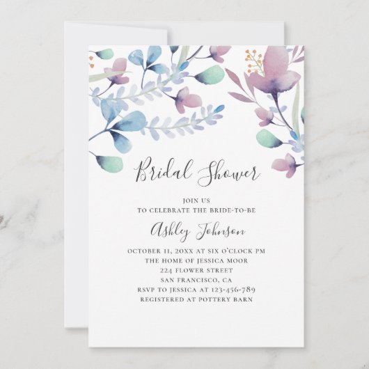 Invitation Douche nuptiale couleur pourpre et bleu à fleurs (Devant)