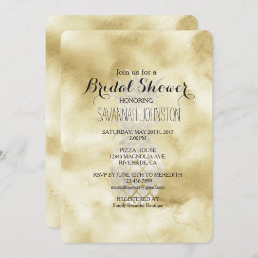 Invitation Douche nuptiale d'ananas blanc or (Devant / Derrière)