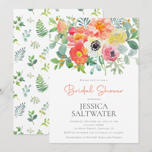 Invitation Douche nuptiale de fleurs d'aquarelle (Devant / Derrière)