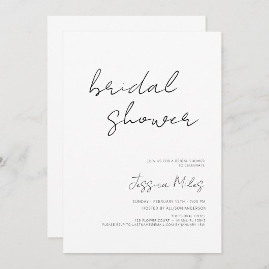 Invitation Douche nuptiale de script minimal (Devant / Derrière)