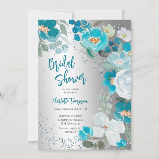 Invitation Douche nuptiale en argent bleu peint (Devant)