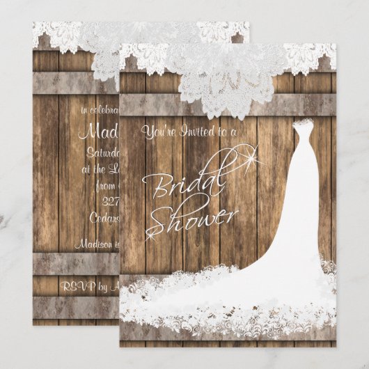 Invitation Douche 👰 nuptiale en bois rustique et dentelle bl (Devant / Derrière)