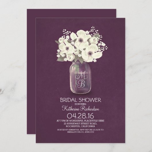 Invitation douche nuptiale en pot de mason à fleurs rustiques (Devant / Derrière)