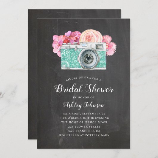 Invitation Douche nuptiale en tableau noir. Fleurs roses et a (Devant / Derrière)