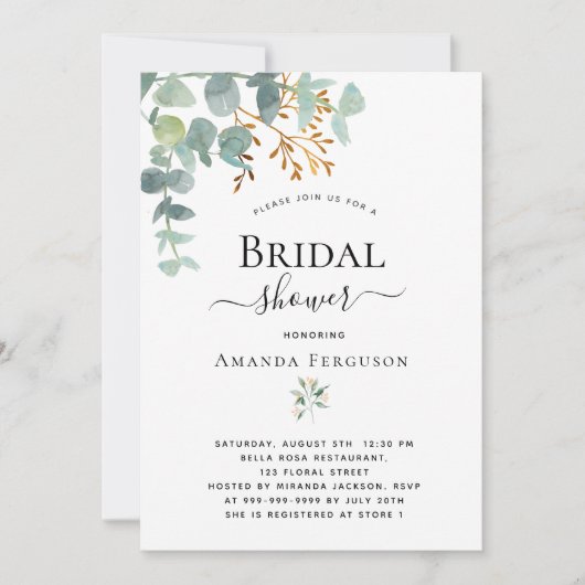 Invitation Douche nuptiale eucalyptus vert or élégant (Devant)