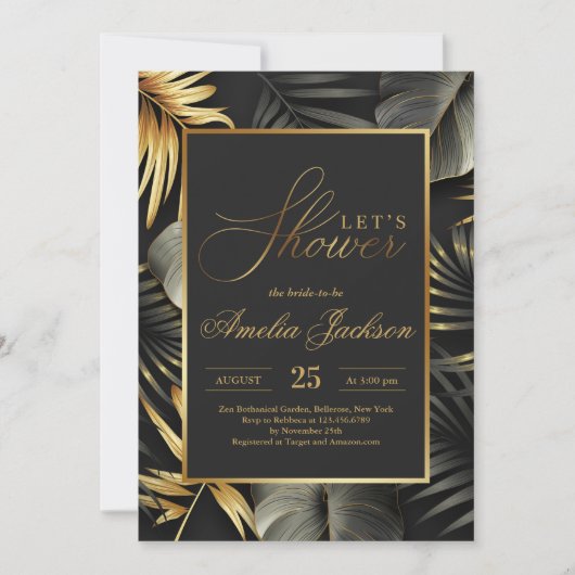 Invitation Douche nuptiale feuille tropicale noire et or (Devant)