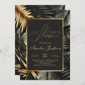 Invitation Douche nuptiale feuille tropicale noire et or (Devant / Derrière)