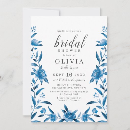 Invitation Douche nuptiale fleurie bleu et blanc (Devant)