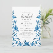Invitation Douche nuptiale fleurie bleu et blanc (Debout devant)
