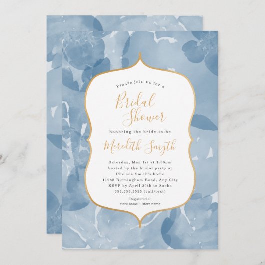 Invitation Douche nuptiale fleurie couleur bleu classique (Devant / Derrière)