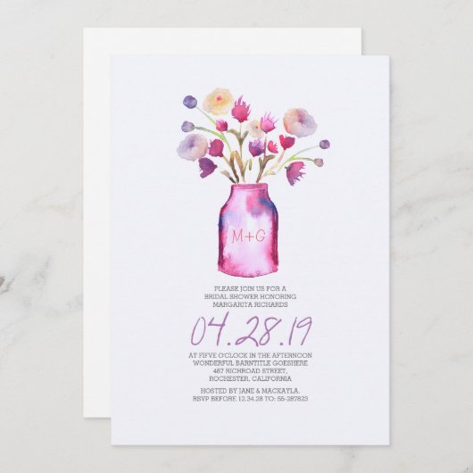 Invitation Douche nuptiale fleurie en pot de mason d'aquarell (Devant / Derrière)