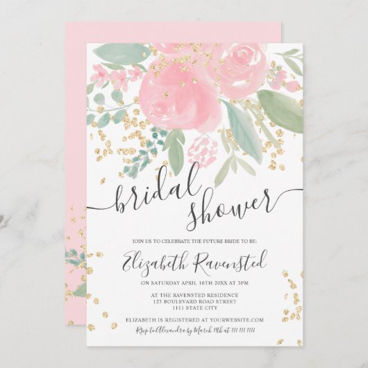 Invitation Douche-nuptiale fleurie rose d'été moderne (Devant / Derrière)