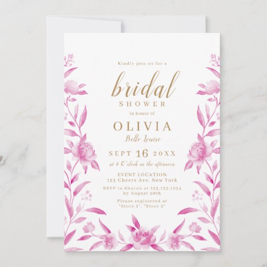 Invitation Douche nuptiale fleurie rose et or (Devant)