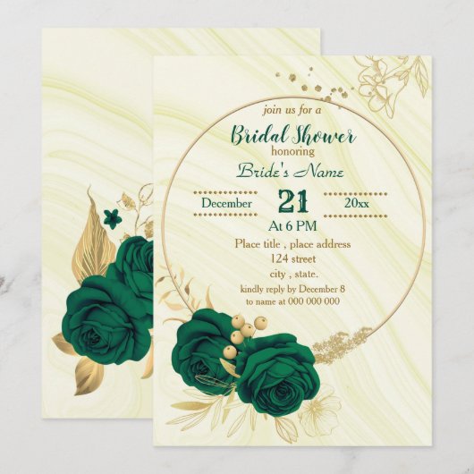 Invitation douche nuptiale fleurie vert émeraude (Devant / Derrière)