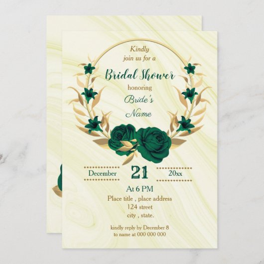 Invitation douche nuptiale fleurie vert émeraude (Devant / Derrière)