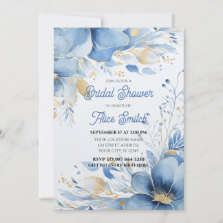 Invitation Douche nuptiale, Fleurs bleues, Élégant