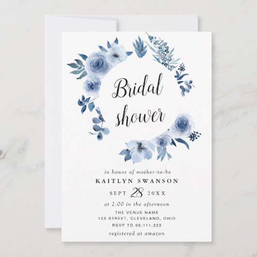 Invitation Douche nuptiale florale bleu aquarelle (Devant)
