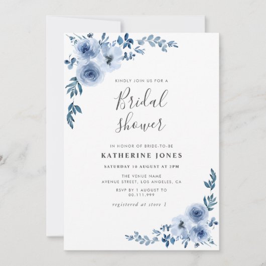 Invitation douche nuptiale florale bleu poussiéreux (Devant)