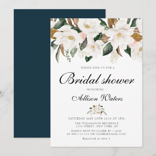 Invitation Douche nuptiale florale Magnolia aquarelle (Devant / Derrière)