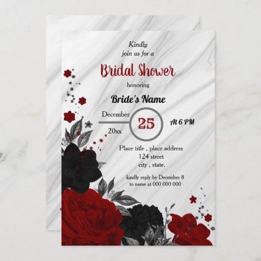 Invitation Douche nuptiale florale noire et rouge (Devant / Derrière)