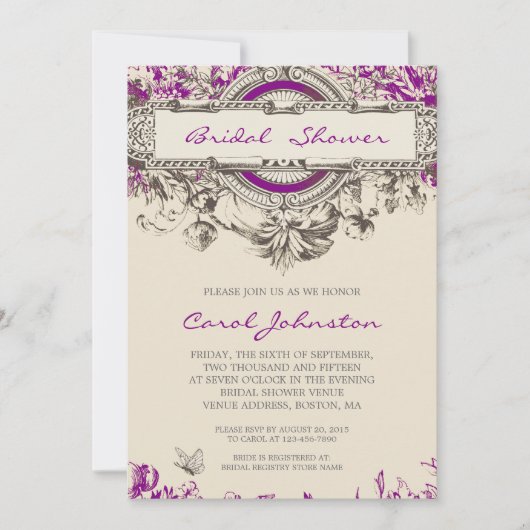 Invitation Douche nuptiale florale vintage grise pourpre (Devant)