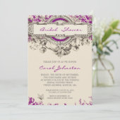 Invitation Douche nuptiale florale vintage grise pourpre (Debout devant)