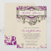 Invitation Douche nuptiale florale vintage grise pourpre (Devant / Derrière)