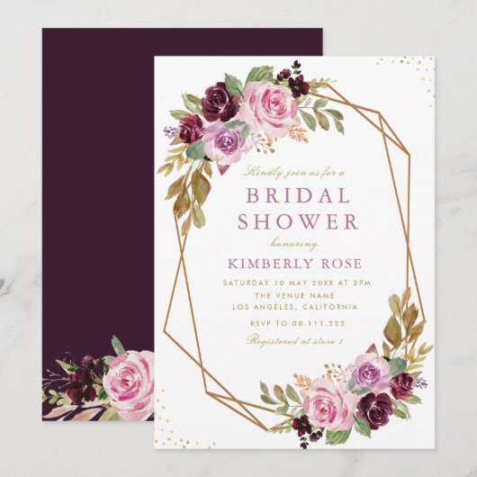 Invitation douche nuptiale géométrique à fleurs violettes (Devant / Derrière)