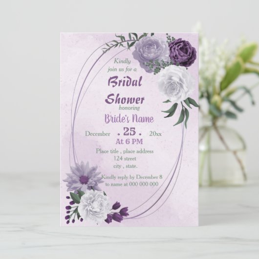 Invitation douche nuptiale géométrique fleurie violette et bl (Debout devant)